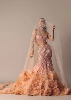 Peach Fish Cut Frill Lehenga Set With Trail Dupatta And Tassels