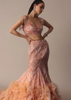 Peach Fish Cut Frill Lehenga Set With Trail Dupatta And Tassels