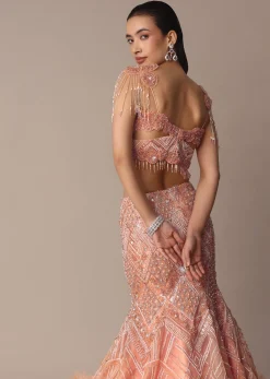 Peach Fish Cut Frill Lehenga Set With Trail Dupatta And Tassels