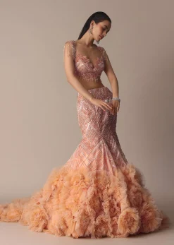 Peach Fish Cut Frill Lehenga Set With Trail Dupatta And Tassels