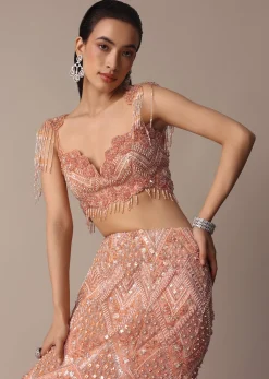 Peach Fish Cut Frill Lehenga Set With Trail Dupatta And Tassels