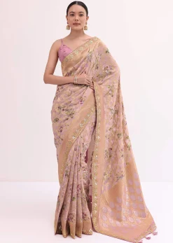 Peach Floral Georgette Saree With Unstitched Blouse