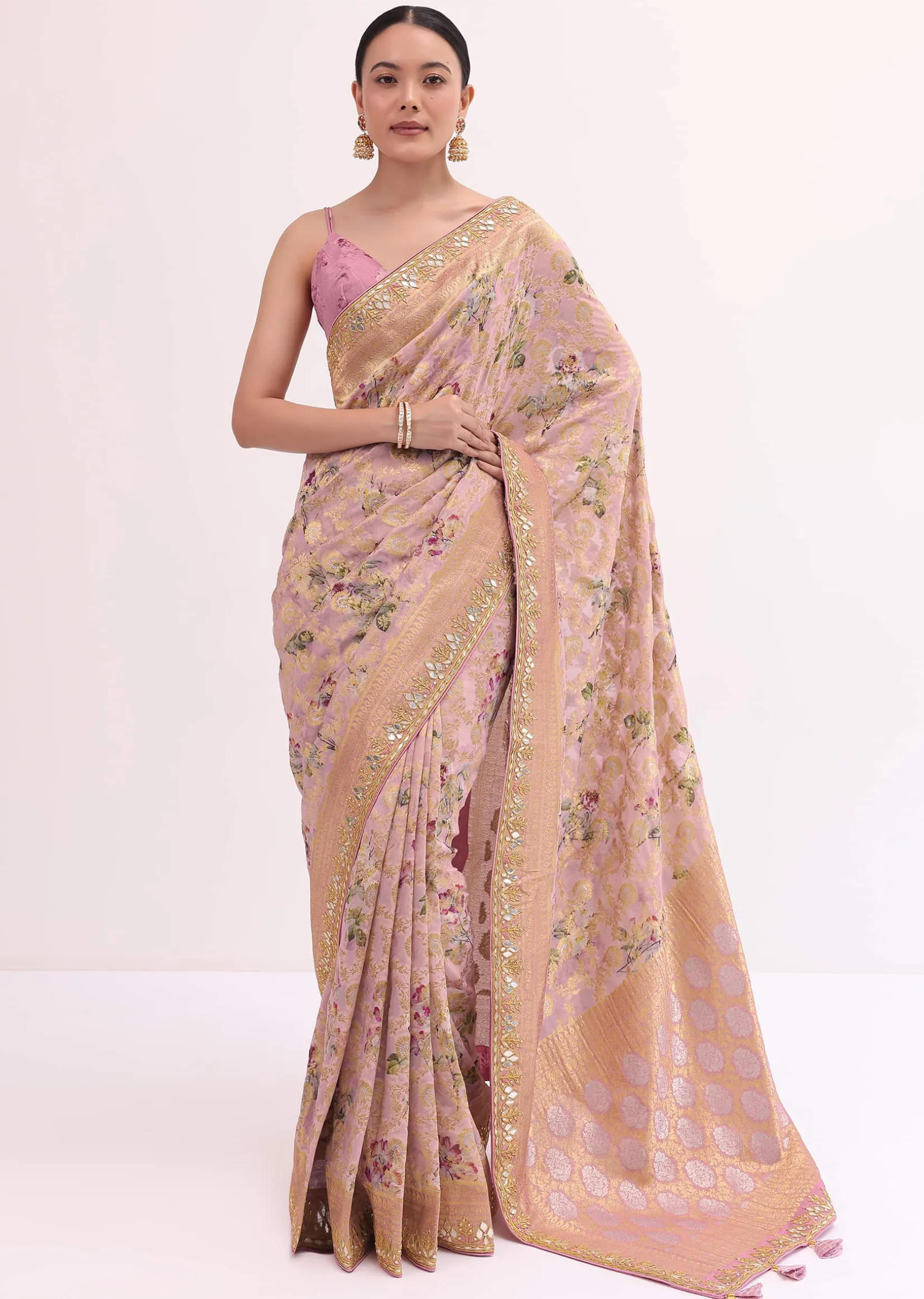 Peach Floral Georgette Saree With Unstitched Blouse