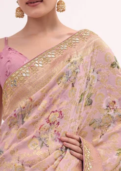 Peach Floral Georgette Saree With Unstitched Blouse