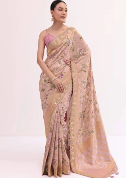 Peach Floral Georgette Saree With Unstitched Blouse