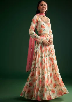 Peach Floral Printed Gown With Embellished Net Dupatta