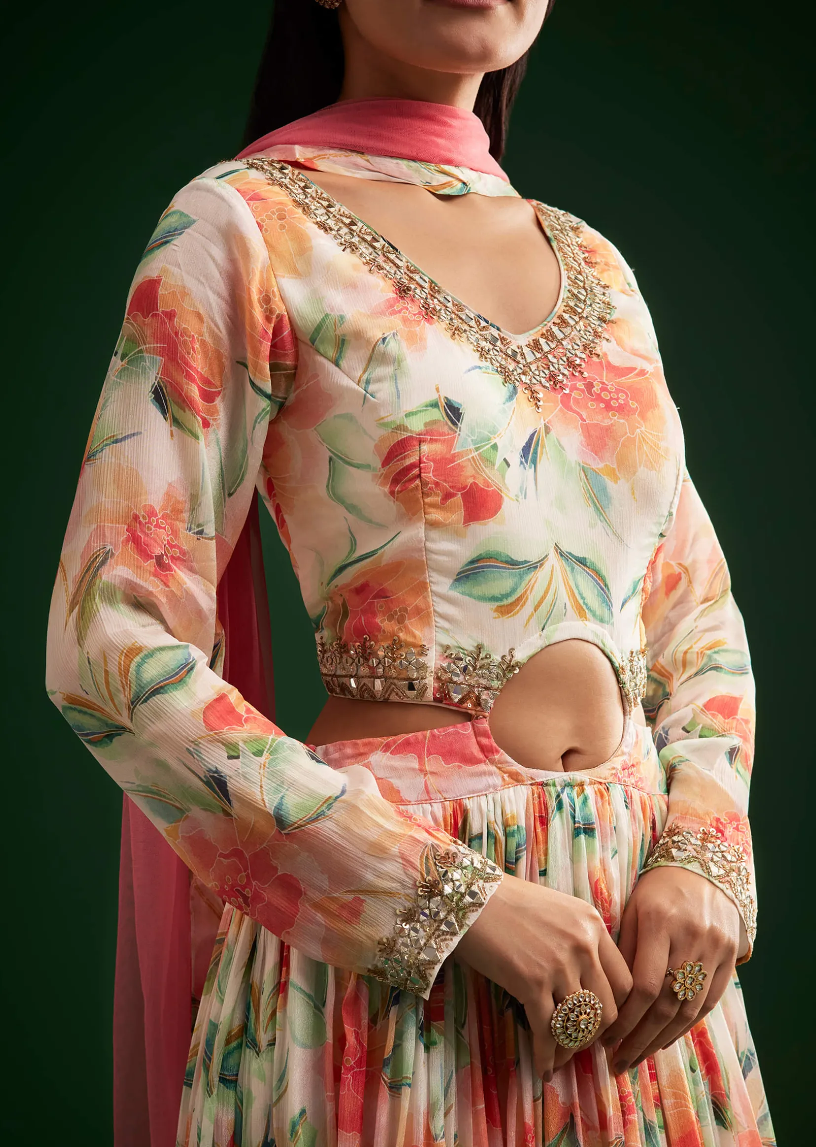 Peach Floral Printed Gown With Embellished Net Dupatta