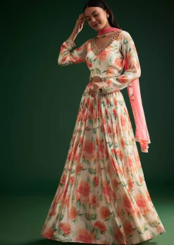 Peach Floral Printed Gown With Embellished Net Dupatta