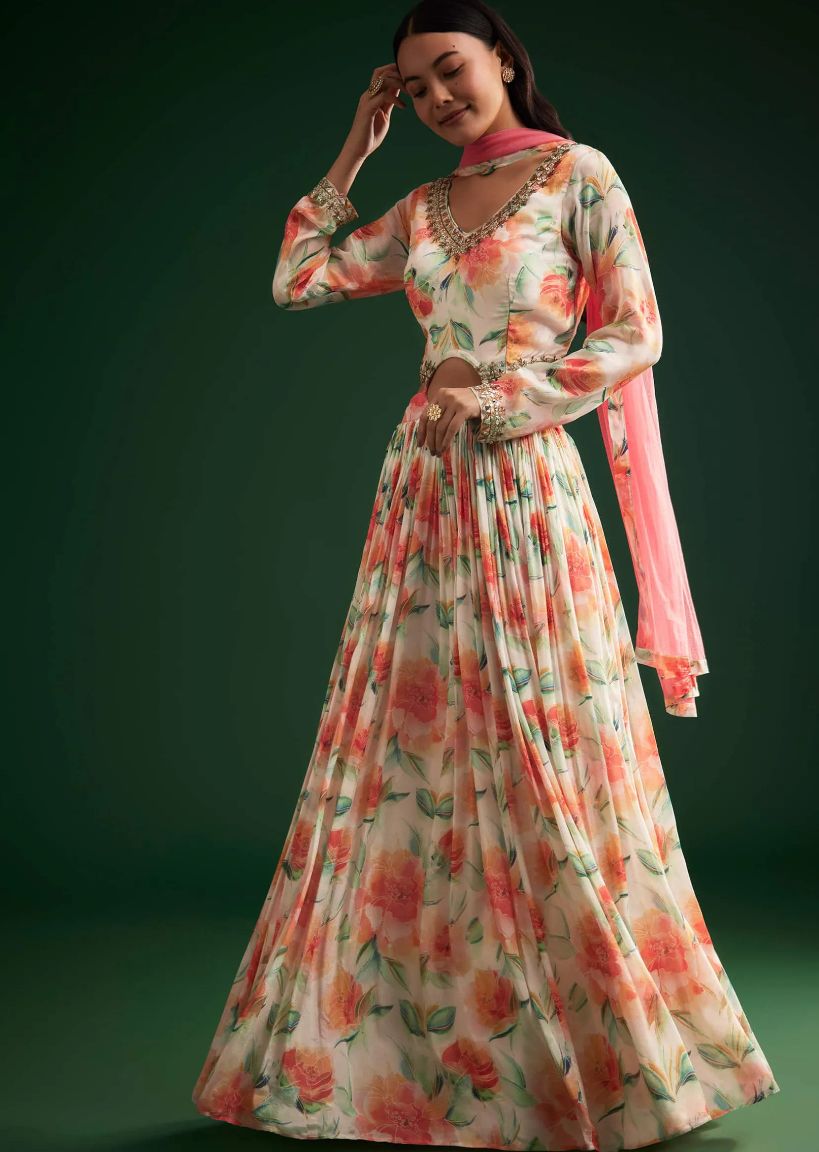 Peach Floral Printed Gown With Embellished Net Dupatta