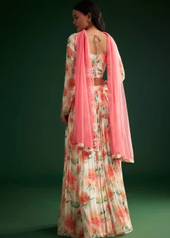 Peach Floral Printed Gown With Embellished Net Dupatta