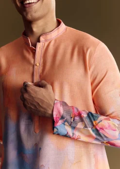 Peach Floral Printed Linen Kurta Set With Contemporary Styling