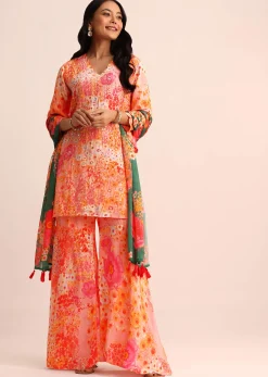 Peach Floral Printed Satin Kurta Sharara With Dupatta