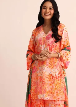 Peach Floral Printed Satin Kurta Sharara With Dupatta