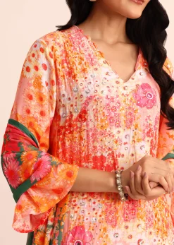 Peach Floral Printed Satin Kurta Sharara With Dupatta