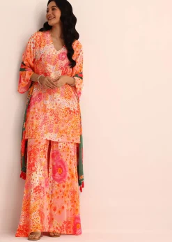 Peach Floral Printed Satin Kurta Sharara With Dupatta