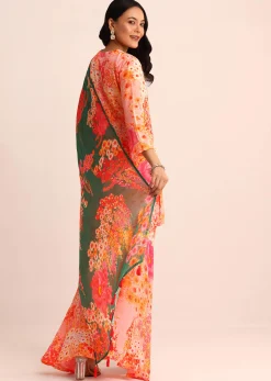 Peach Floral Printed Satin Kurta Sharara With Dupatta