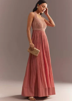 Peach French Tissue Jumpsui With Cutdana Work