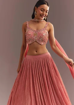 Peach French Tissue Lehenga Choli With Choker Dupatta