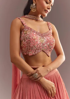 Peach French Tissue Lehenga Choli With Choker Dupatta