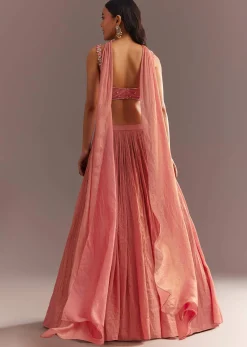Peach French Tissue Lehenga Choli With Choker Dupatta