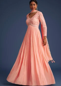 Peach Georgette Anarkali With Mirror And Sequin Work