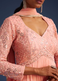 Peach Georgette Anarkali With Mirror And Sequin Work