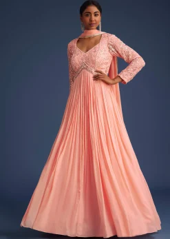 Peach Georgette Anarkali With Mirror And Sequin Work