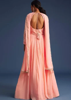 Peach Georgette Anarkali With Mirror And Sequin Work