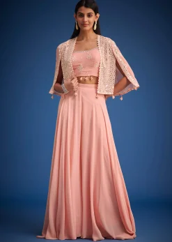 Peach Georgette Embroidered Cape Palazzo Set