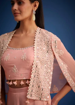 Peach Georgette Embroidered Cape Palazzo Set