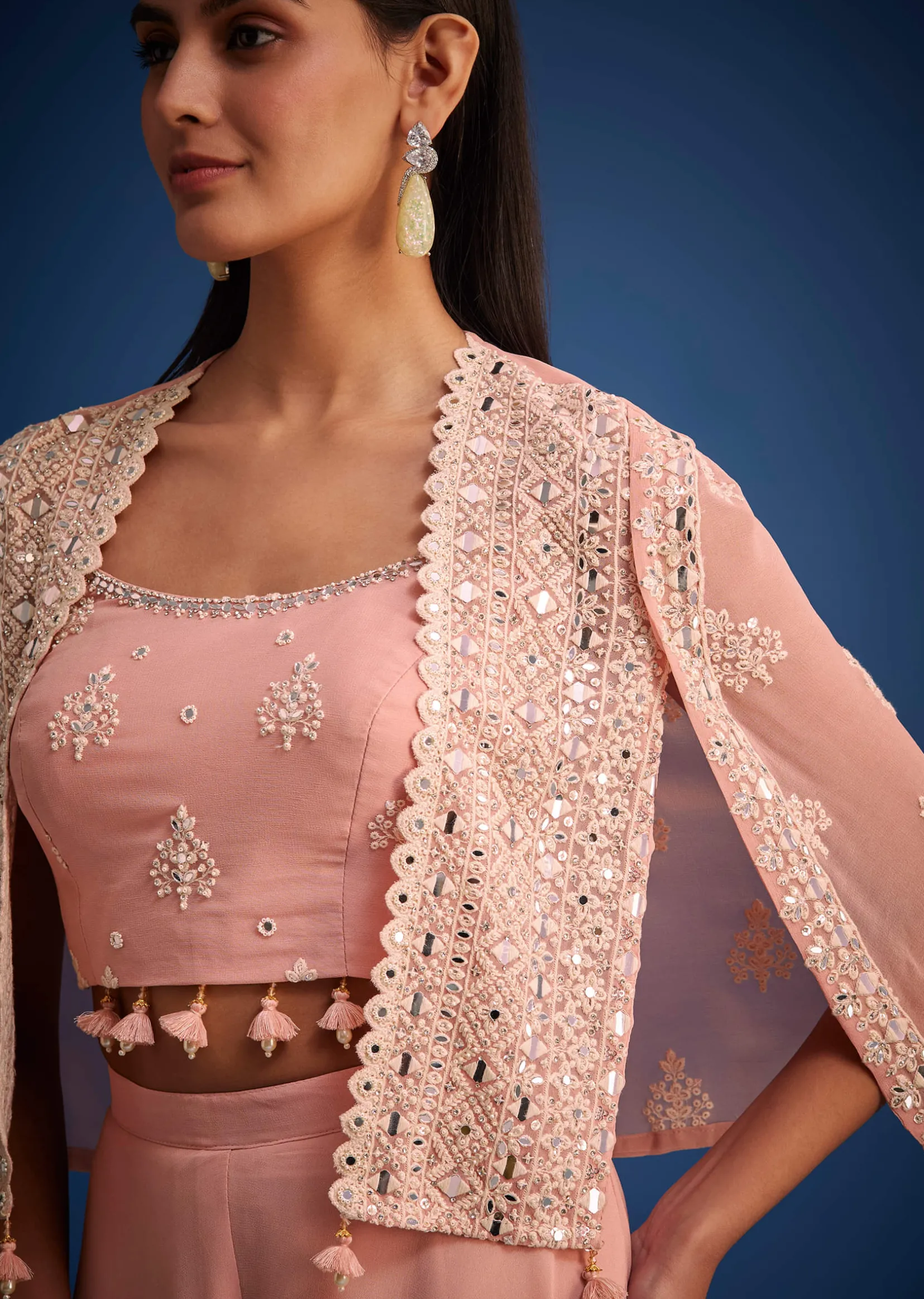 Peach Georgette Embroidered Cape Palazzo Set