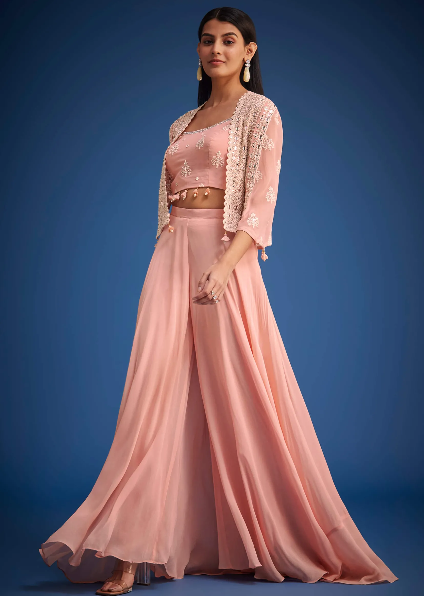 Peach Georgette Embroidered Cape Palazzo Set