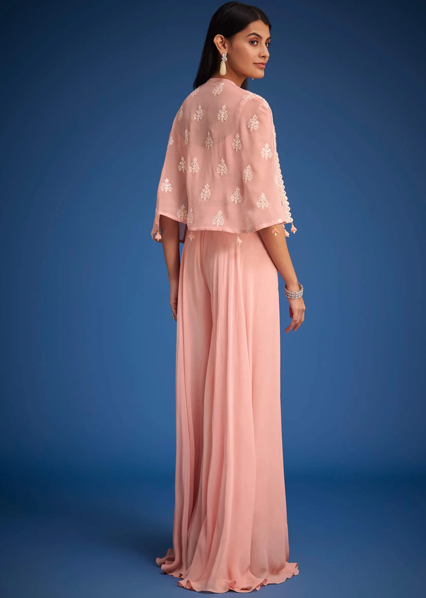 Peach Georgette Embroidered Cape Palazzo Set