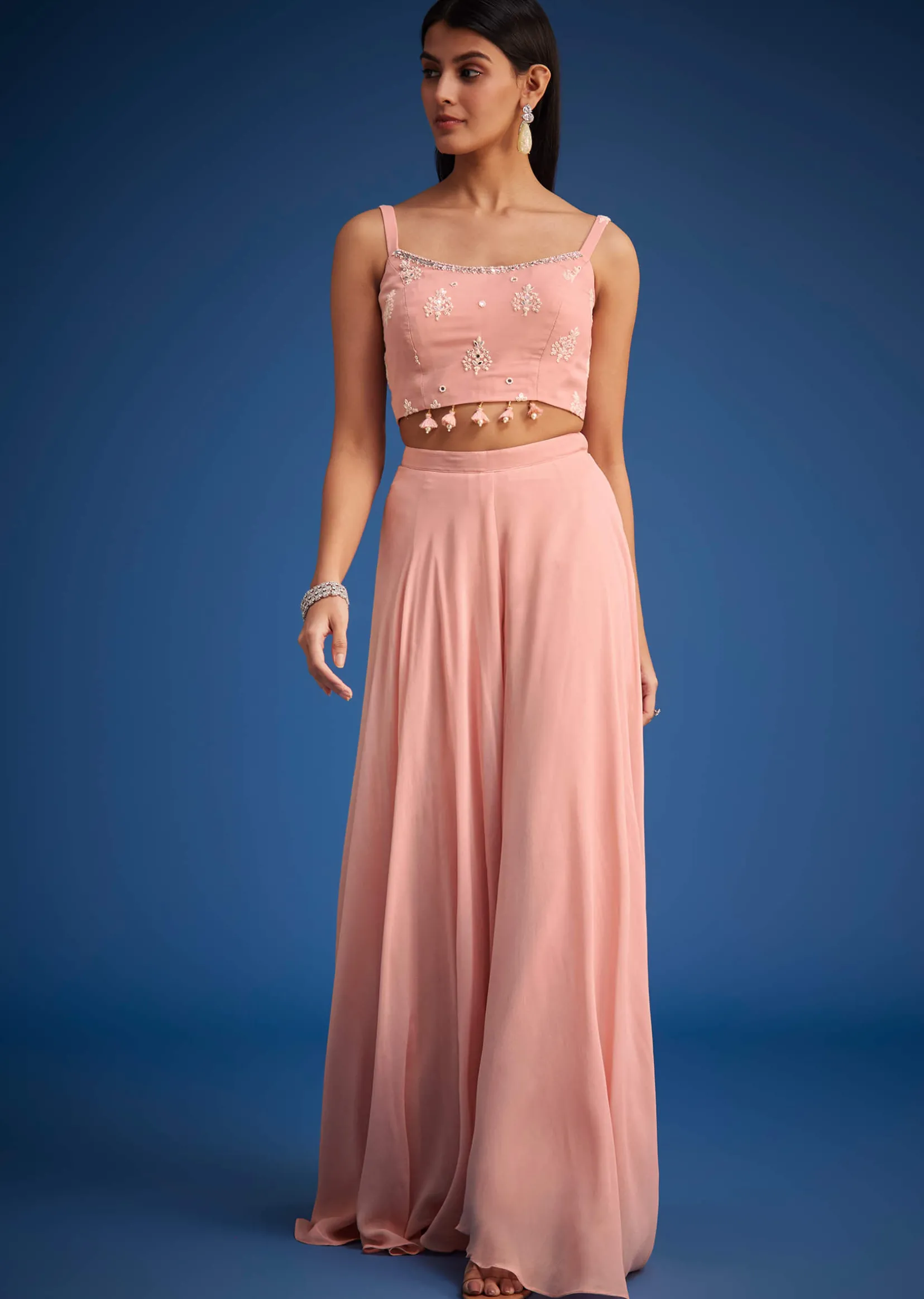 Peach Georgette Embroidered Cape Palazzo Set