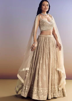 Peach Georgette Lehenga Set With Cut Dana Moti Work