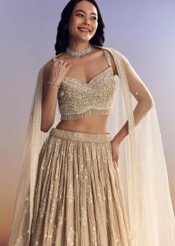 Peach Georgette Lehenga Set With Cut Dana Moti Work
