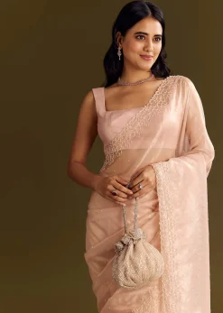 Peach Glass Tissue Saree With Cutdana And Beads Scallop Border