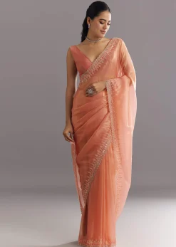 Peach Glass Tissue Saree With Cutdana Sequins Embroidery And Cutwork Scallop Border