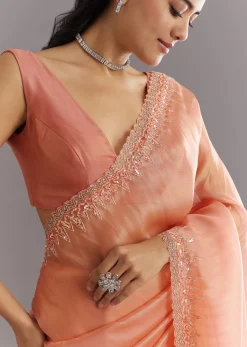 Peach Glass Tissue Saree With Cutdana Sequins Embroidery And Cutwork Scallop Border