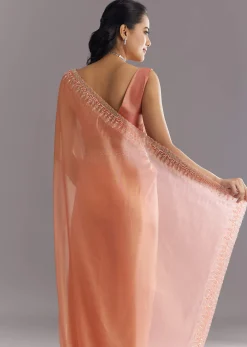 Peach Glass Tissue Saree With Cutdana Sequins Embroidery And Cutwork Scallop Border