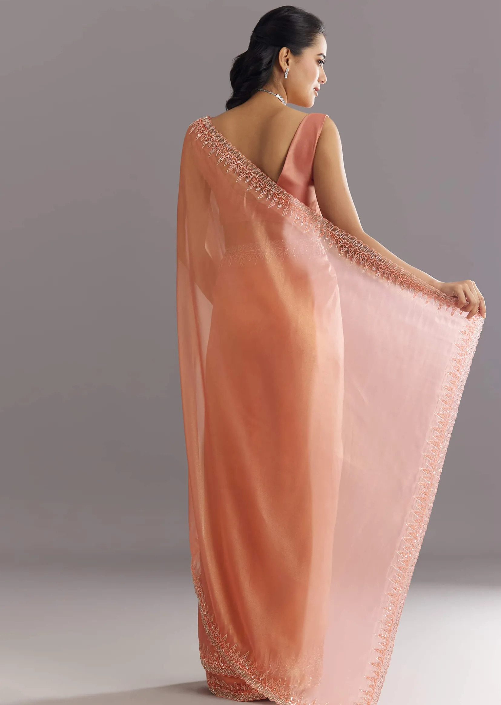 Peach Glass Tissue Saree With Cutdana Sequins Embroidery And Cutwork Scallop Border