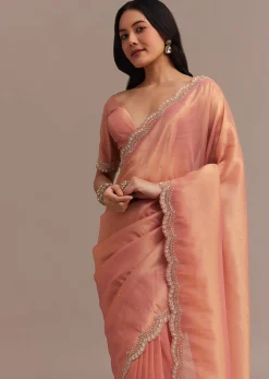 Peach Glass Tissue Saree With Stone And Cutdana Embroidery