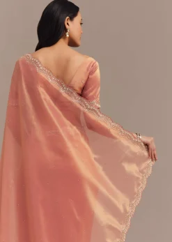 Peach Glass Tissue Saree With Stone And Cutdana Embroidery