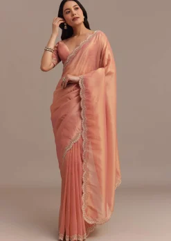 Peach Glass Tissue Saree With Stone And Cutdana Embroidery