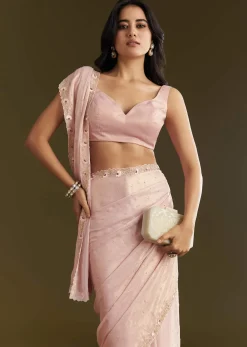 Peach Glass Tissue Saree With Moti Cutdana And Sequins Embroidery And Scallop Border