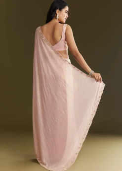 Peach Glass Tissue Saree With Moti Cutdana And Sequins Embroidery And Scallop Border