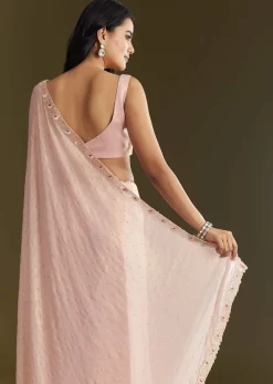 Peach Glass Tissue Saree With Moti Cutdana And Sequins Embroidery And Scallop Border