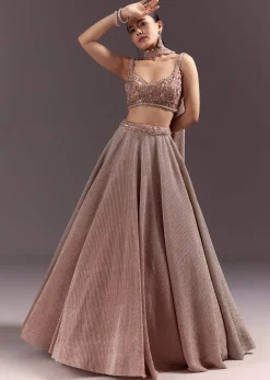 Peach Gold Embroidered Circular Lehenga Dupatta Set