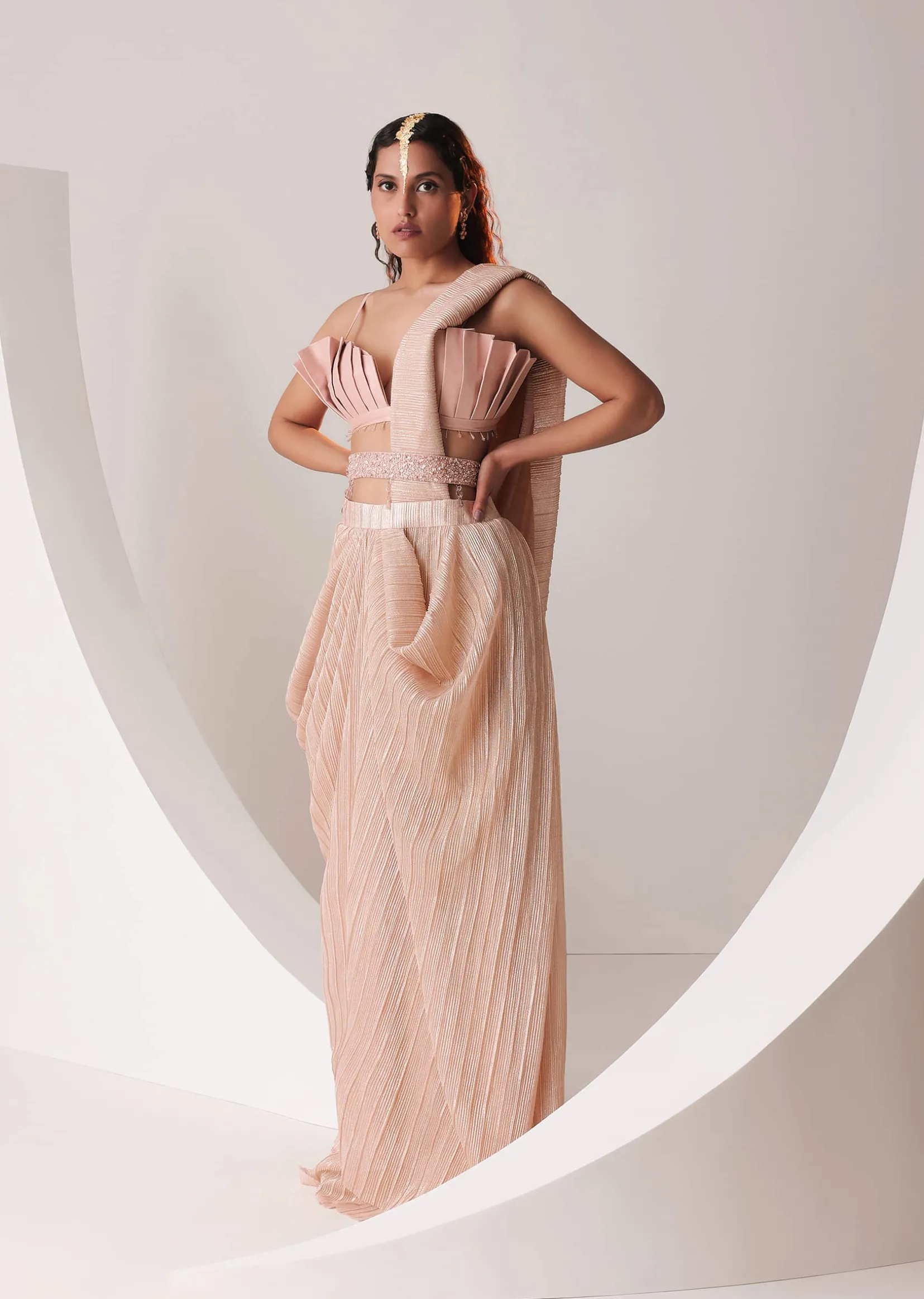Peach Gold Ready To Wear Saree With Pleated Satin Blouse And Embroidered Belt