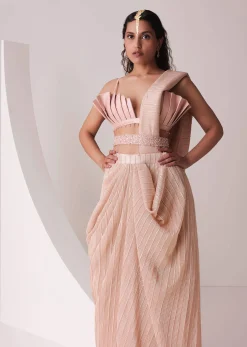 Peach Gold Ready To Wear Saree With Pleated Satin Blouse And Embroidered Belt
